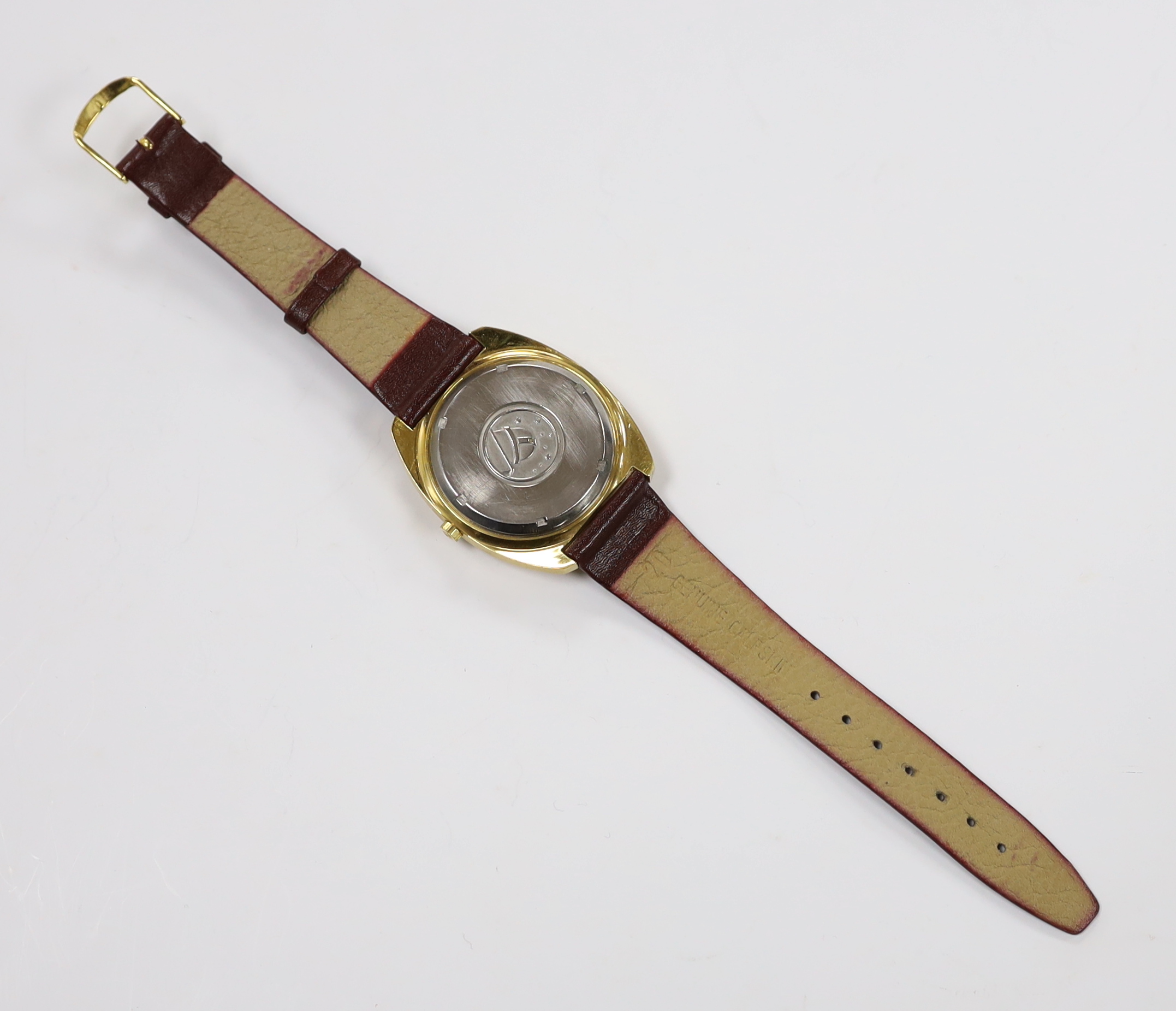 A gentleman's steel and gold plated Omega Constellation Electronic wrist watch, on associated strap, case diameter 38mm.